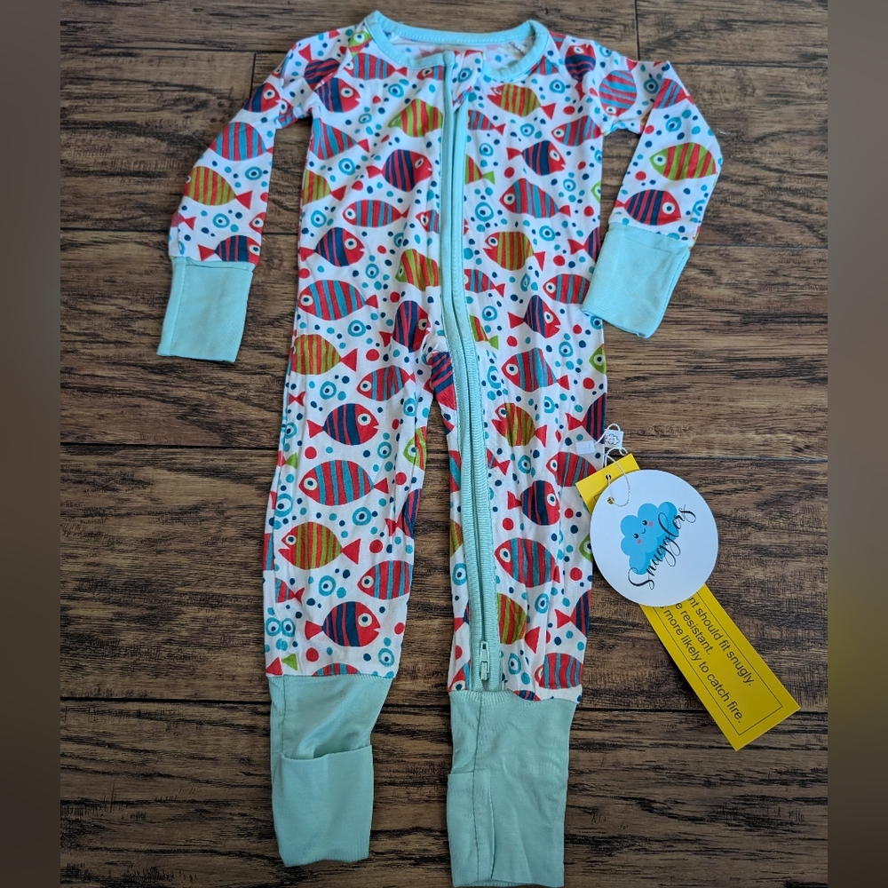 NWT Bamboo‎ Vibrant Fish Print 2 Way Zip Convertible Footie Pajamas